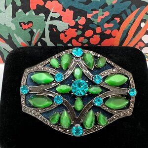 Monet Gunmetal and Green and Teal Glass Belt Buckle Brooch